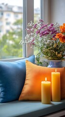 An inviting windowsill scene, a soft medley of colors, features fresh flower arrangements and lit candles, evokes warmth, comfort and a sense of tranquility.