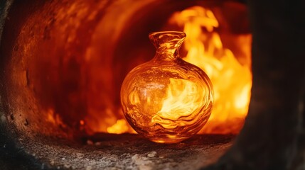 Glassblowing: A fiery transformation. Molten glass vessel in a kiln, glowing amber, reflecting the intense heat.
