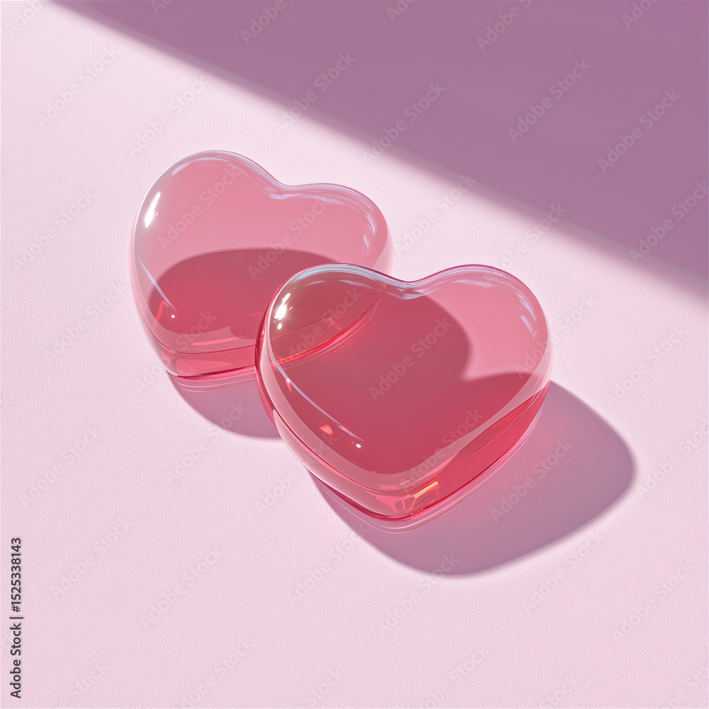 Poster two translucent pink heart shapes rest on pastel surface, casting soft shadows in gentle light