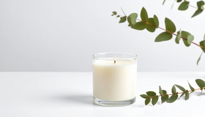 Tranquil Scented Candle and Eucalyptus Leaves on White Background.