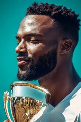 Champion's moment: A young man with a beard,  holding a golden trophy, basking in the glow of victory against a teal background.