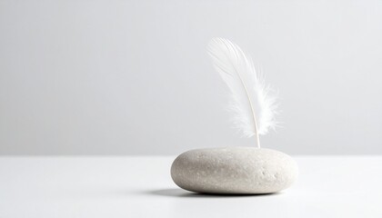 Serene White Feather on Smooth Grey Stone Minimalist Still Life Photography.