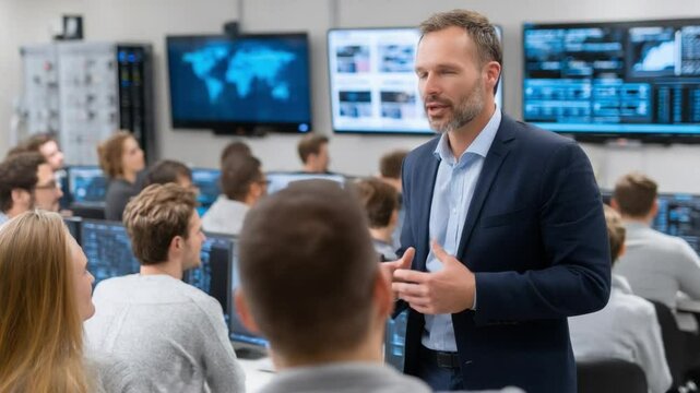 Expert Presentation in Control Room: A distinguished expert delivers a compelling presentation in a cutting-edge control room environment, surrounded by an attentive audience.