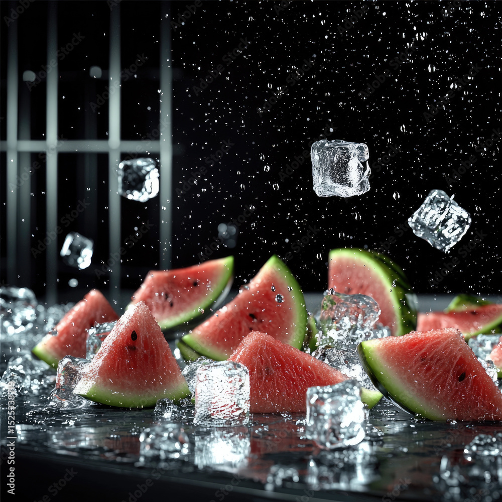 Aufkleber Fresh watermelon slices and ice cubes splash on dark background, creating refreshing and dynamic scene