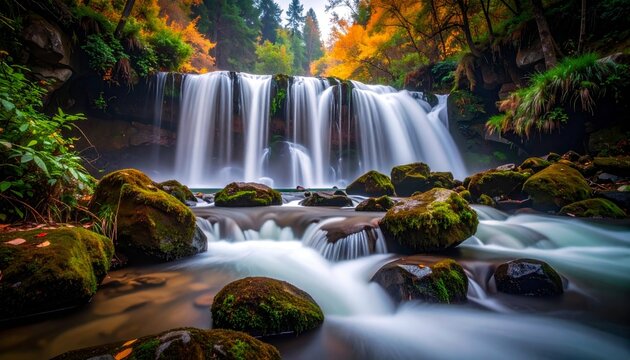 beautiful waterfall with a long exposure shot; water flowing over the rocks