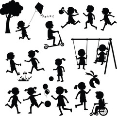 Silhouettes of diverse children engaging in various outdoor play activities like running swinging and playing with kites vector