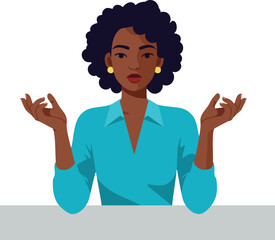 Woman with curly hair meditating in blue shirt calm and focused lifestyle illustration vector 