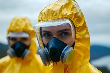 A person wearing protective hazmat suit in environment with caution in the image, safety measures, and concern.