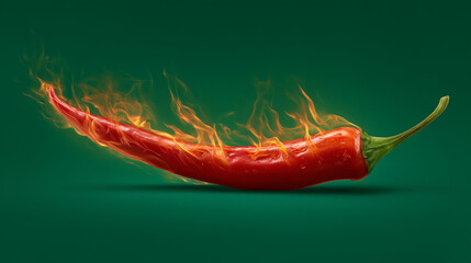 Spicy red chili pepper with real flames and heat rising, isolated on a green background. Perfect symbol of hot flavor and fiery cuisine.