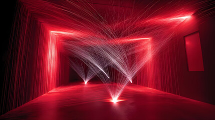 Abstract Light Installation with Red Rays and Dynamic Patterns