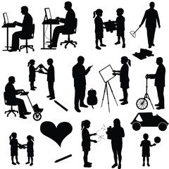 Obraz premium Silhouettes of people engaged in various daily activities and interactions including work childcare and play vector