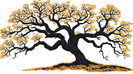 A stylized illustration of a large, ancient tree with gnarled branches and golden autumn leaves, set against a white background with a small patch of grass at its base