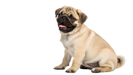 Obraz premium Light brown pug puppy sits with its tongue slightly out, looking towards the left.