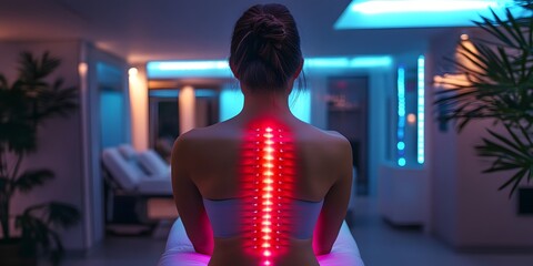 A person undergoes spinal examination illuminated by bright red light. showcasing wellness and innovative technology in a clinical environment.