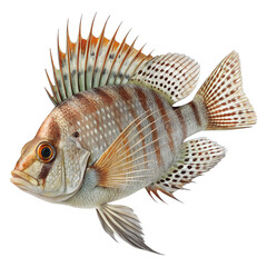 Stripped Sheepshead Fish in Ocean water Wildlife, fish isolated on white background