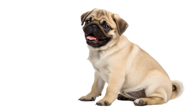 Light brown pug puppy sits with its tongue slightly out, looking towards the left.