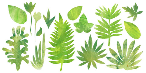 Botanical illustration of tropical leaves in collage technique, green leaves exotic plant in paper art technique, hand drawn brush texture, shape of exotic leaf, use as print, element design, label.