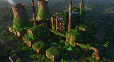 Naklejka premium Overgrown power plant nature reclaiming industry