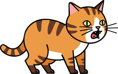 Cartoon orange tabby cat standing with open mouth and green eyes vector illustration 