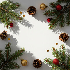 Festive Christmas decoration flat lay featuring styled fir branches, rustic pine cones, and delicate ornaments arranged artfully on a bright white background