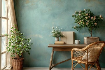 Stylish interior with chair and desk under natural sunlight near window, potted plant in corner of the room.