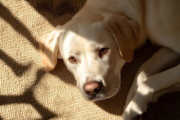 A serene close-up portrait of a light-colored Labrador Retriever, basking in the gentle sunlight on a textured rug, evoking warmth and comfort.