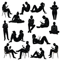 Sixteen black silhouette figures of diverse individuals reading books in various seated and reclining positions on chairs or the floor vector