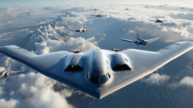 Strategic Formation in Flight: A squadron of stealth aircraft, navigate through the sky over a majestic mountain range, the formations and aviation technology symbolizing power and strategic flight.