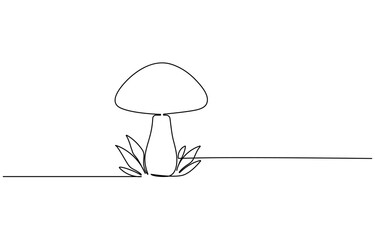 Mushroom continuous one line art drawing of nature mushroom, perfect from nature’s harvest. Champignon style, drawn in one continuous stroke.