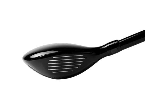 Close-up of a golf hybrid club head, glossy black finish with horizontal grooves