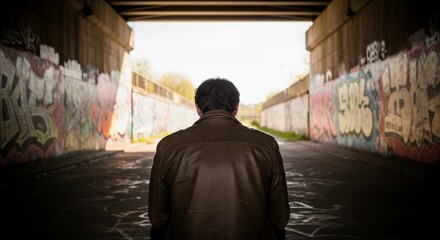 Fototapeta premium Solitude Under the Bridge: A Man's Journey