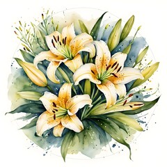 Watercolor painting with a bouquet of lilies in a circle.