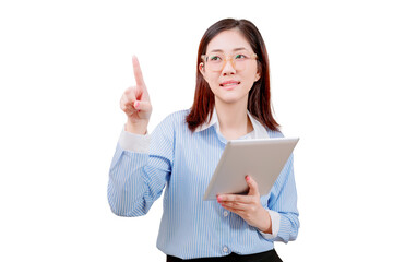 A woman in glasses holds a tablet and points upward with her index finger, appearing to present or explain something.