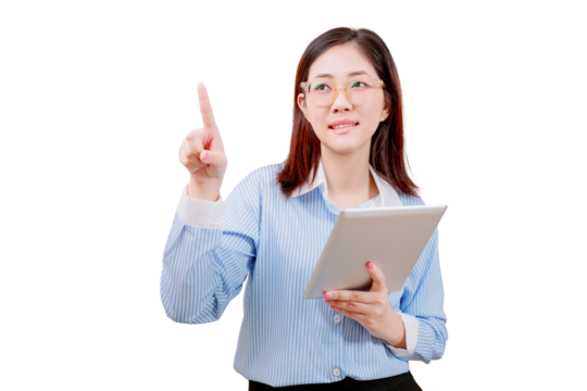 A woman in glasses holds a tablet and points upward with her index finger, appearing to present or explain something.