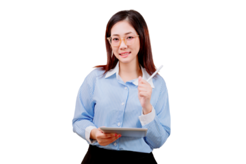 A woman in glasses holds a tablet and stylus, wearing a blue striped shirt, smiling confidently.