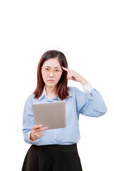 Fototapeta premium A woman with glasses holds a tablet and points to her temple, appearing thoughtful or focused.