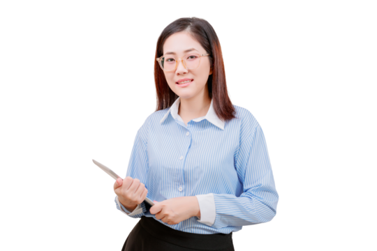 A woman wearing glasses and a striped shirt holds a digital tablet and smiles confidently.