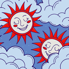 Seamless Yellow Sun With Clouds and Rainbow on Dark Blue Background in Cute Cartoon Style