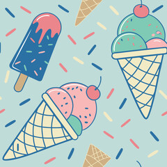 Seamless Pastel Pattern of Mint and Strawberry Ice Cream Cones With Blueberry Popsicles and Sprinkles