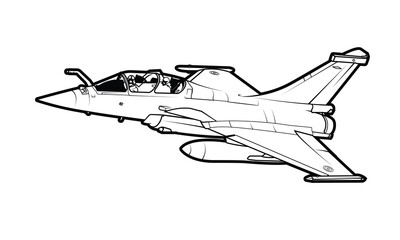 Vector line art of a French, twin-engine, delta-wing, multirole fighter aircraft