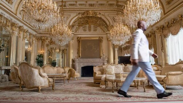 Luxury Personified: A person strides confidently through a palatial room, surrounded by ornate gold detailing, radiant chandeliers, and exquisite furnishings.