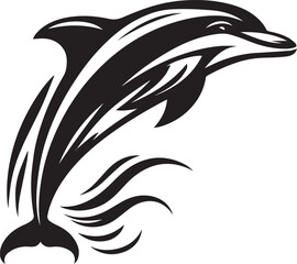 Naklejka premium A black vector of a leaping dolphin, captured mid-jump, with sleek lines that emphasize fluid movement.