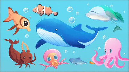 Obraz premium Children's Day, marine animals, whale cartoon illustration background