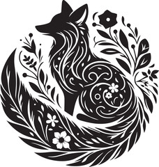 A black vector of a fox intertwined with botanical elements, blending natural forms with animal grace.