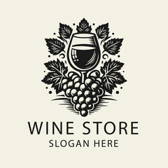 Elegant black and white flat vector logo illustration for a wine shop, featuring a stylized grape cluster with leaves and a wine glass