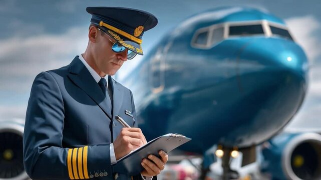 Flight Commander: A focused pilot meticulously reviews his pre-flight checklist in front of a majestic aircraft, symbolizing expertise and commitment to safe air travel.