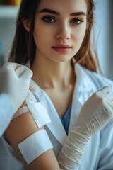 A healthcare professional, clad in a pristine coat and protective gloves, gently tends to a patient's arm, ensuring the arm is bandaged after treatment. A tender moment of care.