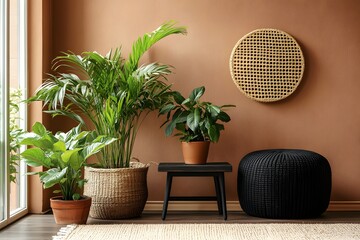 Fototapeta premium Interior design featuring lush green potted plants, a stylish round wall decor, and cozy furniture against a warm brown wall. The scene is bright and airy, reflecting a modern and calming aesthetic.