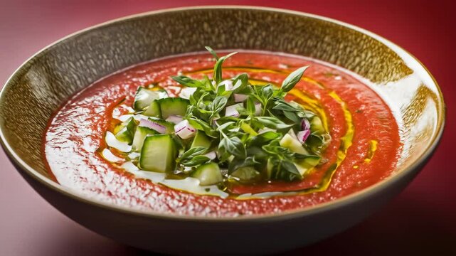 Fresh gazpacho soup in a bowl, garnished with herbs and cucumber