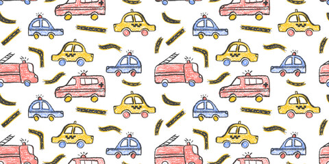 Fototapeta premium Colorful seamless pattern of crayon drawn vehicles: police, taxi, ambulance car and road symbol chalk written for bedroom. Vector wax pastel squiggles with charcoal texture for kindergarten education